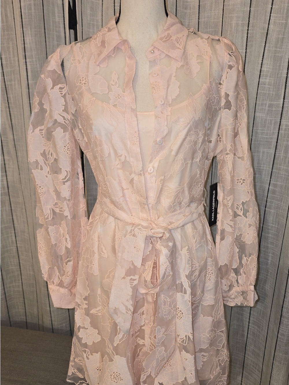Karl Lagerfeld Pale Pink Lace Midi Dress with Tie Waist